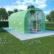 Walk in Greenhouse with Roll-up Zipper Door and Window, Galvanised Steel Frame, Outdoor Green House, Greenhouse Tunnel, Gardening Plant Hot House with Green PE Cover, 450 x 200 x 200 cm