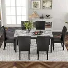 7-piece Dining Table Set with 1 Faux Marble Top Table and 6 PU Leather-Seats