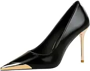 [YGJKLIS] Women's 9.5CM Metal Pointed Toe Leather Stiletto Pumps Party Wedding Office High Heels Shoes