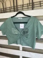 Adika Women's Keyhole Tie Front Cropped Shirt Top Blue Size M NWT