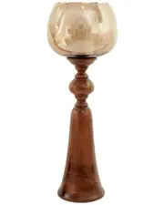 Harp & Finial Puri Candle Holder - Medium - Smoked Glass & Natural Wood Finish