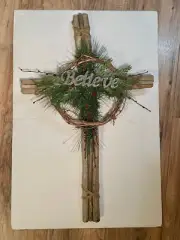Handmade Believe Drift Wood & Vine Cross Hanging 25"X18" Rustic Farmhouse Decor