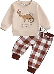 [Bufarromio] Toddler Baby Boys Fall Clothes Set Christmas Dinosaur Letter Print Top Plaid Pocket Pants Set Casual 2 Pcs Outfits For Newborn Boys