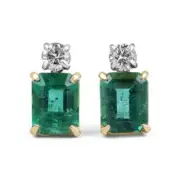 7.20tcw AAA Natural Emerald-Emerald Cut & Round Cut Diamond Stud Earrings 18K