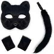 Furry Fox Cat Mask and Tail Glove Set for Adult, Therian Plush Animal Half Facemasks for Halloween Cosplay Party Masquerade Costume