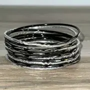 Bangle Stack Set 12 Etched Bracelet Silver Tone Black Alternating Width Sparkle
