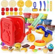 Playdough Sets for Kids Age 4-8, 6 in 1 Playdough Ice Cream Set 40Pcs Toddler Play Kitchen Set Bully Play Dough for Making Noodle/Ice Cream/Animal/Cooking/Play Food/Fruit (12 Colors Dough Included