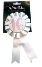 Sweet 16th Birthday Metallic Rose Gold & Ivory Rosette Party Badge Ribbon B-Day