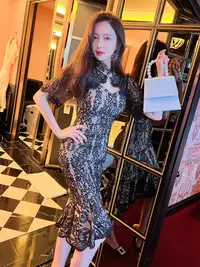 在飛比找Very buy優惠-女裝2023性感氣質名媛輕奢高級感黑色蕾絲鏤空修身包臀洋裝