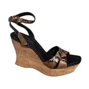 Donald Pliner Hand Carved Cork Brown Pitone Leather Wedge Platform Shoe NIB $250