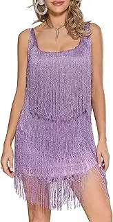 [Kiluex] Womens Fringe Dress Sleeveless Sequins 1920s Flapper Dance Dress Tiered Tasseled Slip Dress Party Dress