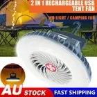 2In1 Portable Camping Fan Tent Fan w/ LED Light Hanging Hook USB Rechargeable AU