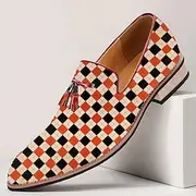Men's Loafers Orange and White Checkered Leather Slip-On Shoes with Tassel Detail for Smart-Casual and Party Wear