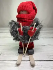 Swallings Sweden Christmas Man on Skis Red Hat Gray Sheepskin Coat Wood 6.25"