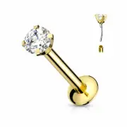 PAIR 20G 5/16" 2mm 3mm CZ GOLD THREADLESS PUSH In STEEL LABRET RING TRAGUS STUD