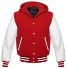 Varsity Hooded Letterman Baseball Bomber Cowhide Jacket Melton Wool Body leather