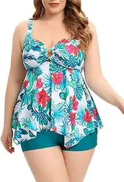 [JadeRich] Women's Plus Size Two Piece Tankini Set Floral Print Bathing Suit Flowy Swim Top with Boy Short