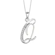 Sterling Silver Rhodium Plated Script Initial Letter Q With Diamonds On 18 Inch Chain ( 0.05 Tcw)