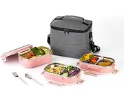 Lille Home 3-Tier Stainless Steel Bento Lunch Box, 82oz Leakproof Lunch Container with 5 Compartments for Adults & Kids, Stackable Tiffin Lunchbox with Lunch Bag, Fork and Spoon (Pink)