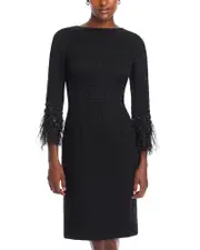 Teri Jon by Rickie Freeman Boucle Dress with Feather Beaded Trim Sleeve 8
