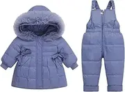 [JELEUON] 2 Pcs Little Girls Winter Warm Lace Bowknot Puffer Down Hooded Jacket With Snow Pants Ski Snowsuit Set