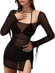 [EMOTTOS] Women's Square Neck Mesh Mini Dress, Sexy See Through Long Sleeves with Adjustable Straps, Lace Dresses with Split Hem, Clubwear for Night Out, Club Party, Black, S-L