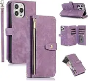 [UEEBAI] Case for iPhone 12/iPhone 12 Pro 6.1 inch, 9 Card Slots Retro Leather Wallet Shockproof Flip Cover with Hand Strap Card Slots Zipper Pocket Kickstand Handbag Magnetic Closure - Retro Purple