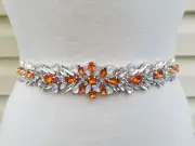 Wedding Belt, Bridal Belt, Crystal Rhinestones, Opal & Orange colored Stones