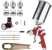 YaeTek Paint Spray Gun Set Red HVLP Gravity Feed Spray Gun with 1.4mm 1.7mm 2.5mm Nozzles 1000cc Aluminum Cup Air Regulator with Gauge for Auto Paint, Wall Painting,Basecoat Clearcoat