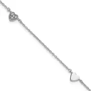 Sterling Silver Rhodium-Plated Cz 9In Plus 1In Ext Heart Anklet