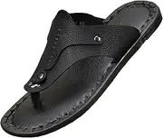 [GHYUB] Summer Beach Flip Flops Pool Shoes, Beef Tendon Bottom Slippers Men's First Layer Cowhide Flip-Flops Soft Leather Soft Bottom Non-Slip Breathable Outer Wear Sandals and Slippers