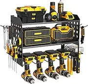 SUNALLY Power Tool Organizer, Heavy Duty Wall Mount Tool Organizer 3 Layers with 4 Drill Holders, Garage Tools Storage Rack with 2 Side Pegboards and Hooks for Workshop, Shed, Black