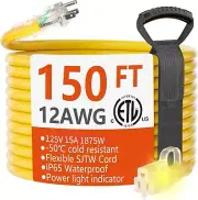 150 ft 12/3 Gauge Waterproof Extension Cord with Lighted End - Safe & Durable