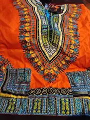 African Dashiki Short Sleeve Hooded Traditional Orange Blue Youth Size 8/10