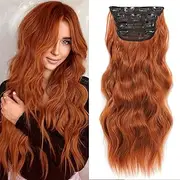 [QAUARUMSUN] 24inch Clip in Long Wavy Hair Extensions for Women 4PCS Copper Red Curly Synthetic Thick Hairpieces with Fiber Double Weft Hair Full Head(17#)