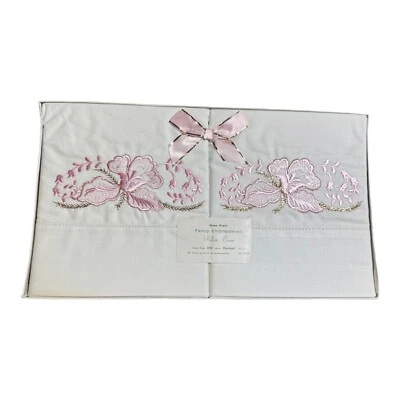 Pair Vintage Standard Pillow Cases Pink Gold Embroidery NOS Hollywood Regency