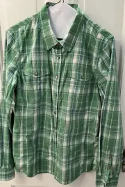orvis trout bum green plaid long sleeve snap front shirt size medium nwt