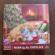 NEW HTF Galison WARM BY THE FIREPLACE 500 piece puzzle Christmas puppy kitten