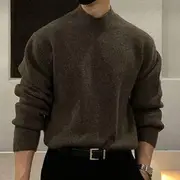 Long-Sleeve High Neck Plain Knit Top Dark Brown - L