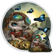 Cute Fantasy Art Angel and Clockwork Dragonling Round Beach Towel