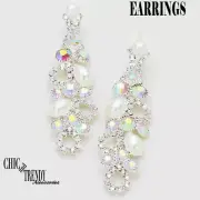 CLEARANCE WHITE PEARL & AURORA BOREALIS CRYSTAL EARRINGS WEDDING FORMAL JEWELRY*