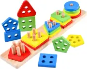 1PCS Wooden Sorting Stacking Montessori Toys, Shape Color Recognition Blocks Mat