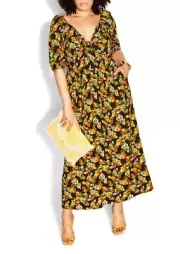 City Chic Plus Size XL / 22 Villa Capri Dress Floral Yellow Black Maxi