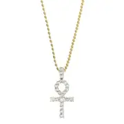 Men's Ladies Genuine Real Diamond Yellow Gold Tone Egyptian Ankh Cross Necklace