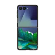Galaxy Z Flip7 Impact Magnetic Case WOODLAND RETREAT 1, FOREST TREES TEAL BLUE GREEN NATURE MOUNTAINS PAINTING