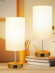 Set of 2 Bedside Table Lamp for Bedroom: 3 Way Dimmable Touch Lamp with USB C Charging Ports - Small Nightstand Lamp Wood Base Flaxen Fabric Shade for Office LED Bulb Included