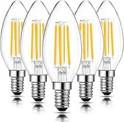 Dimmable LED Candle Bulbs, 6W E14 LED Bulb, 2700K Warm White C35 LED Filament Bulb, 60W Equivalent, Glass Edison Light Bulb for Chandelier Ceiling Fan, 5 Pack