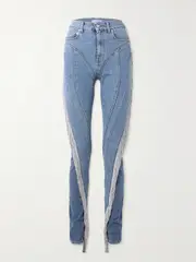 [MUGLER] MUGLER - Crystal-embellished Paneled High-rise Skinny Jeans - Blue - FR 40 FR 40 Blue