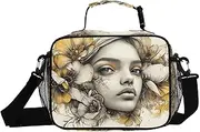 Insulated Lunch Box Woman Flower Gold for Women Men - Ideal for Work, Picnics - Includes Adjustable Shoulder Strap
