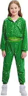 LOLANTA 2Pcs Girls Dance Outfits Cropped Sequin Jacket Pants Set, Kids Hip Hop Dance Costumes for 80s 90s Party 5-15 Years